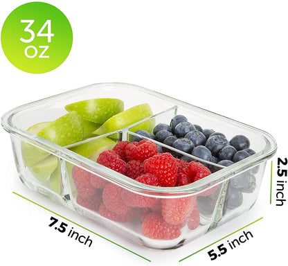 5 Pack Glass Meal Prep Containers with Lids (Multi-Compartment), 34 Oz