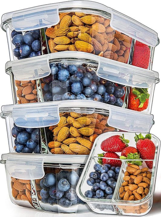 5 Pack Glass Meal Prep Containers with Lids (Multi-Compartment), 34 Oz