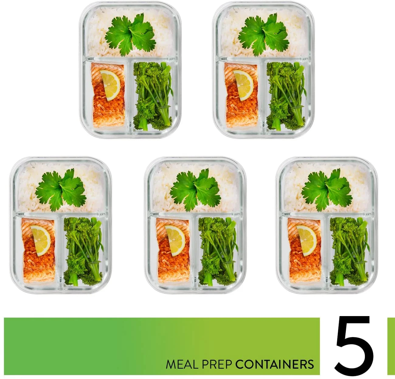 5 Pack Glass Meal Prep Containers with Lids (Multi-Compartment), 34 Oz